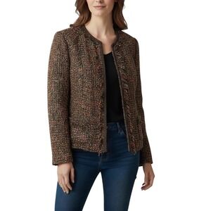 Chico's Women Size 2 large Brown Multicolor Metallic Tweed Fringe Trim Jacket